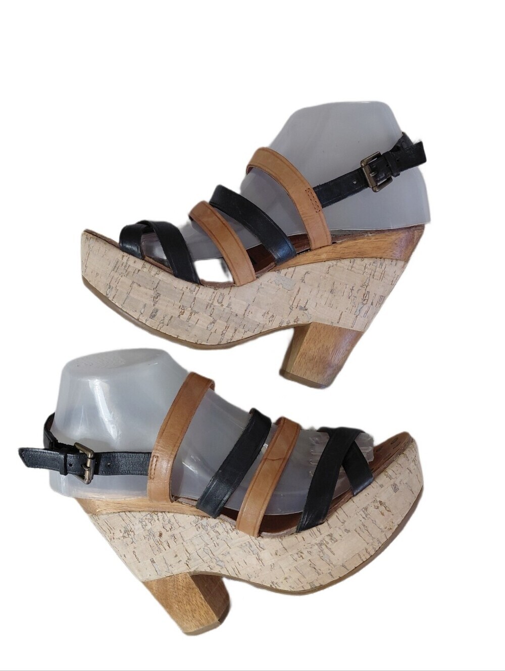 Anthropologie Black and Brown Strappy Platform Cork Wedge Sandals Size 8 B